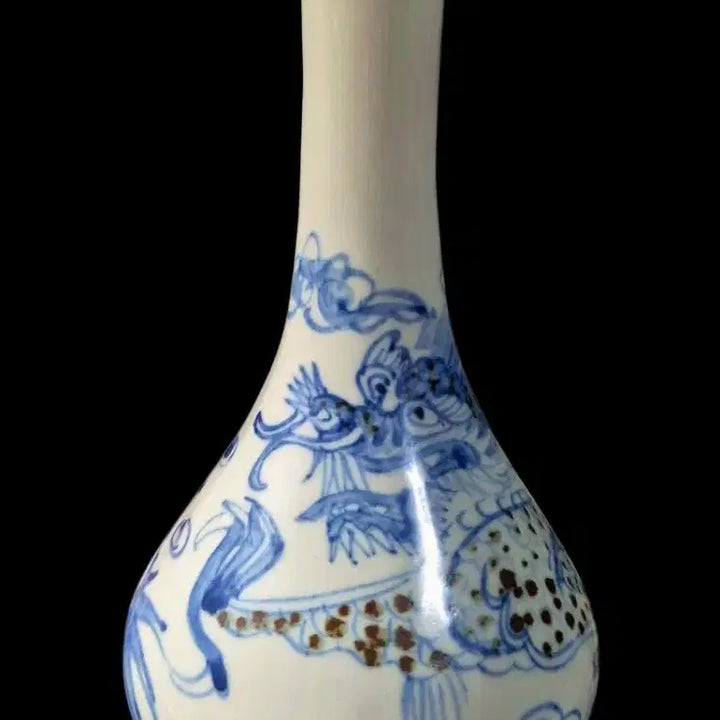 [BUNJANG] 19th Century Joseon Dynasty Celadon Porcelain Vase with Dragon and Cloud Motif / 청화백자철화 사조룡운용문 주병