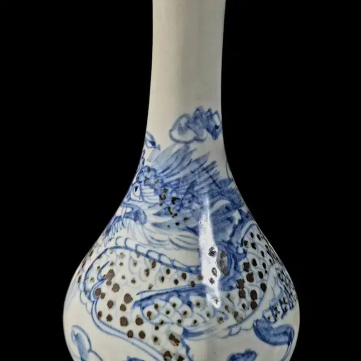 [BUNJANG] 19th Century Joseon Dynasty Celadon Porcelain Vase with Dragon and Cloud Motif / 청화백자철화 사조룡운용문 주병