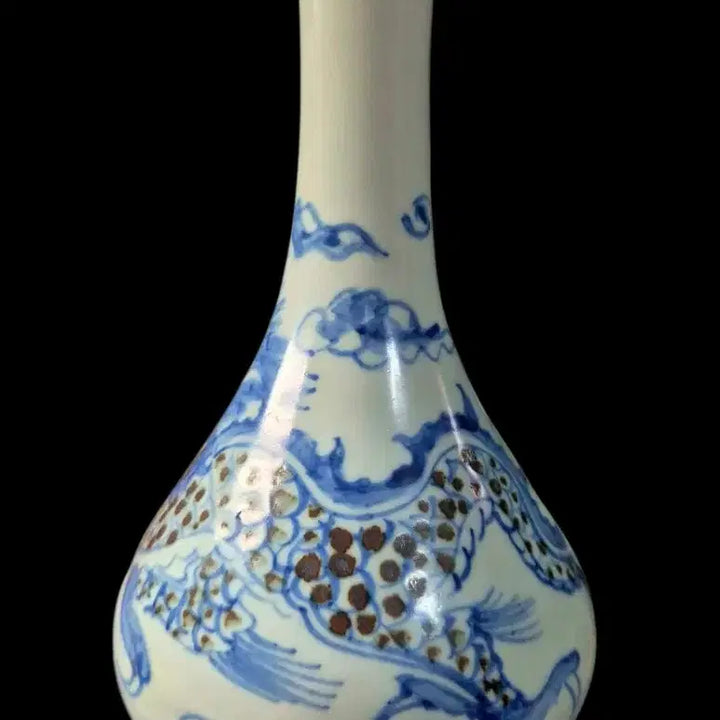 [BUNJANG] 19th Century Joseon Dynasty Celadon Porcelain Vase with Dragon and Cloud Motif / 청화백자철화 사조룡운용문 주병