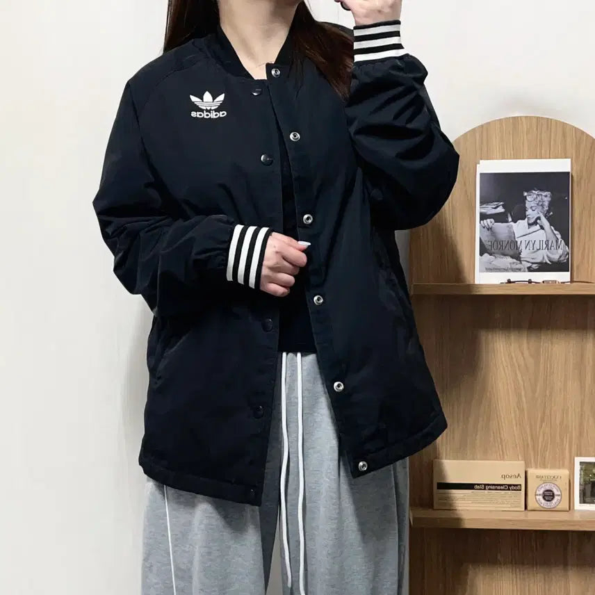 [BUNJANG] Adidas Black Trefoil Snap Button Jumper (90) / [정품] 아디다스 블랙 트레포일 똑딱이 점퍼 [ 90 ]