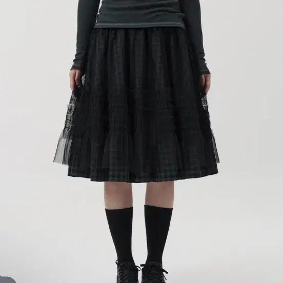 [BUNJANG] OHEHIO Layered Sheer Frill Skirt Khaki Check / 오헤시오 레이어드 쉬어 프릴 스커트 카키 체크