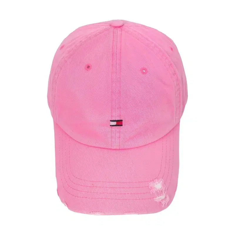 [BUNJANG] Tommy Hilfiger Mini Logo Distressed Pink Cotton Ball Cap with Leather Strap / 타미힐피거 미니 로고 디스트로이드 핑크 볼캡