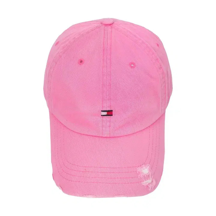 [BUNJANG] Tommy Hilfiger Mini Logo Distressed Pink Cotton Ball Cap with Leather Strap / 타미힐피거 미니 로고 디스트로이드 핑크 볼캡