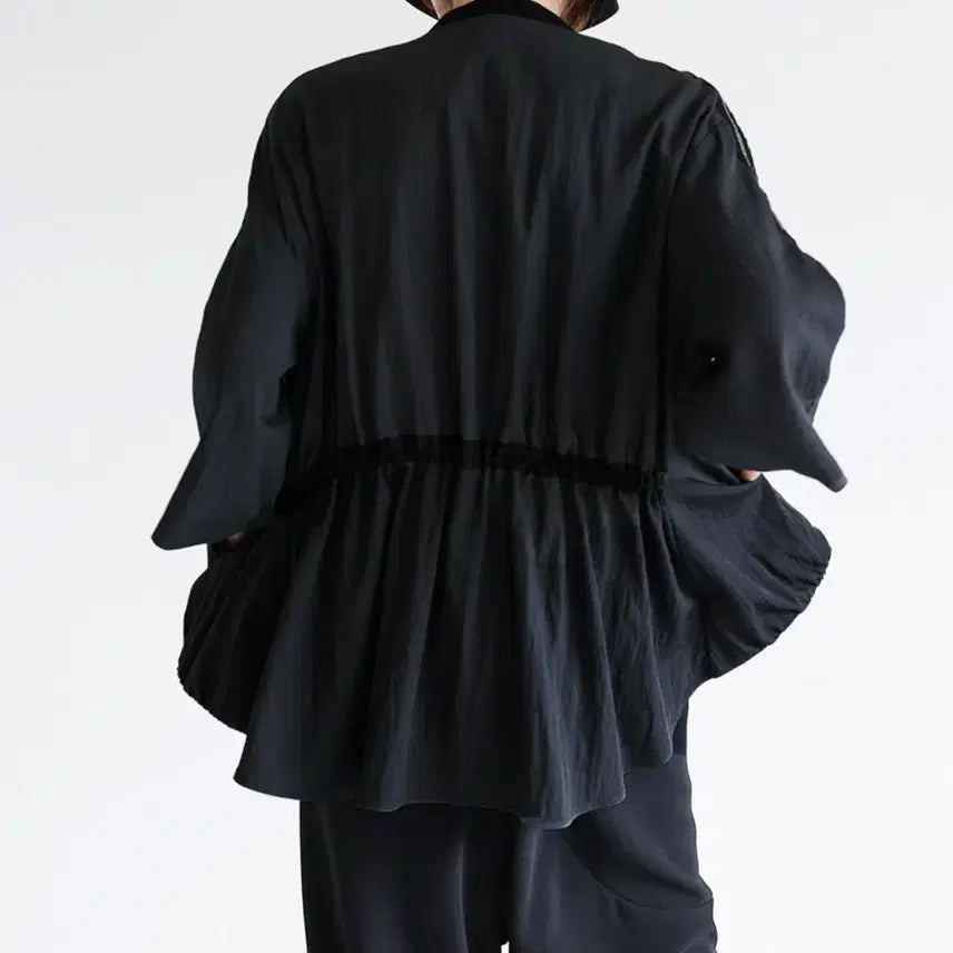 [BUNJANG] Haru Maybe Rayon 7-Sleeve String Collarless Zip-Up Jumper / 바스락 7부 스트링 집업 점퍼 ( F )