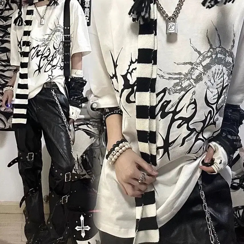 [BUNJANG] Gothic Subculture Dark Oversized Print Short Sleeve T-Shirt / 고딕 서브컬처 다크 오버핏 프린트 반팔 티셔츠