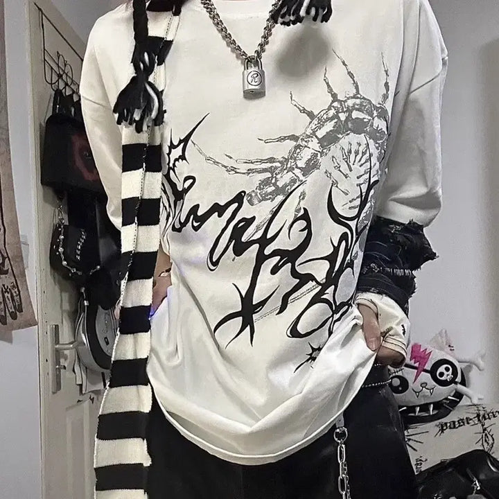 [BUNJANG] Gothic Subculture Dark Oversized Print Short Sleeve T-Shirt / 고딕 서브컬처 다크 오버핏 프린트 반팔 티셔츠