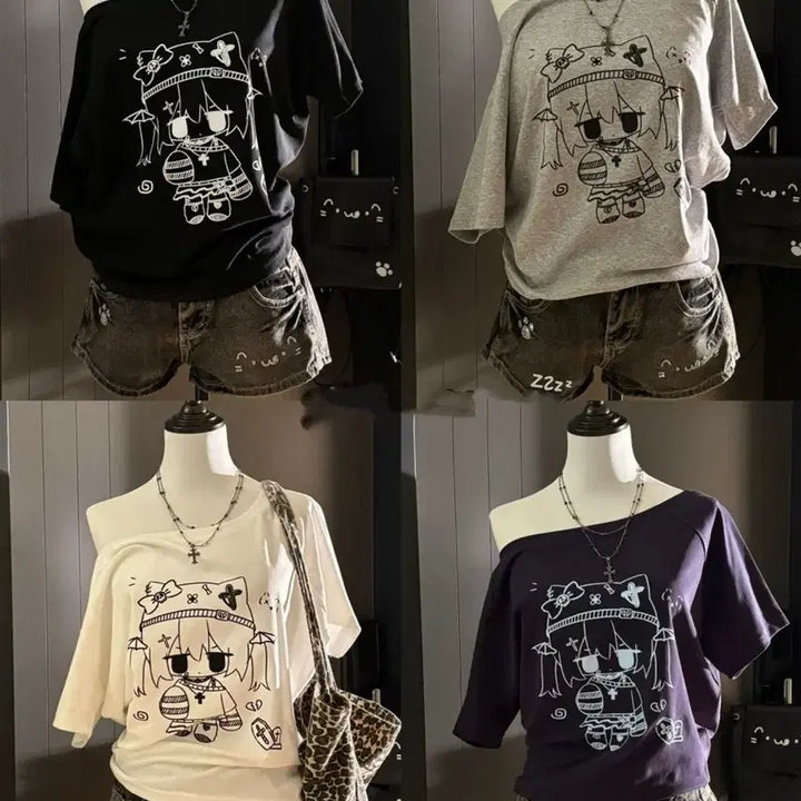 [BUNJANG] Subculture Character Print Off-Shoulder T-Shirt / 서브컬처 오프숄더 캐릭터 프린트 티셔츠(4컬러)