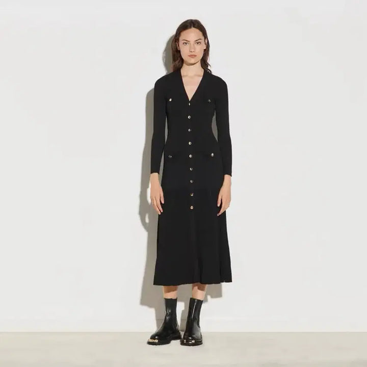 [BUNJANG] Sandro V-Neck Maxi Ribbed Knit Dress / 산드로 브이넥 맥시 골지니트 원피스