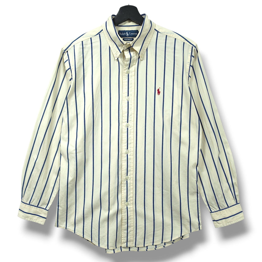 [BUNJANG] Polo Ralph Lauren Custom Fit Yellow &amp; Navy Stripe Long Sleeve Shirt - Medium / [M] 폴로 옐로우&amp;네이비 스트라이프 커스텀핏 긴팔셔츠