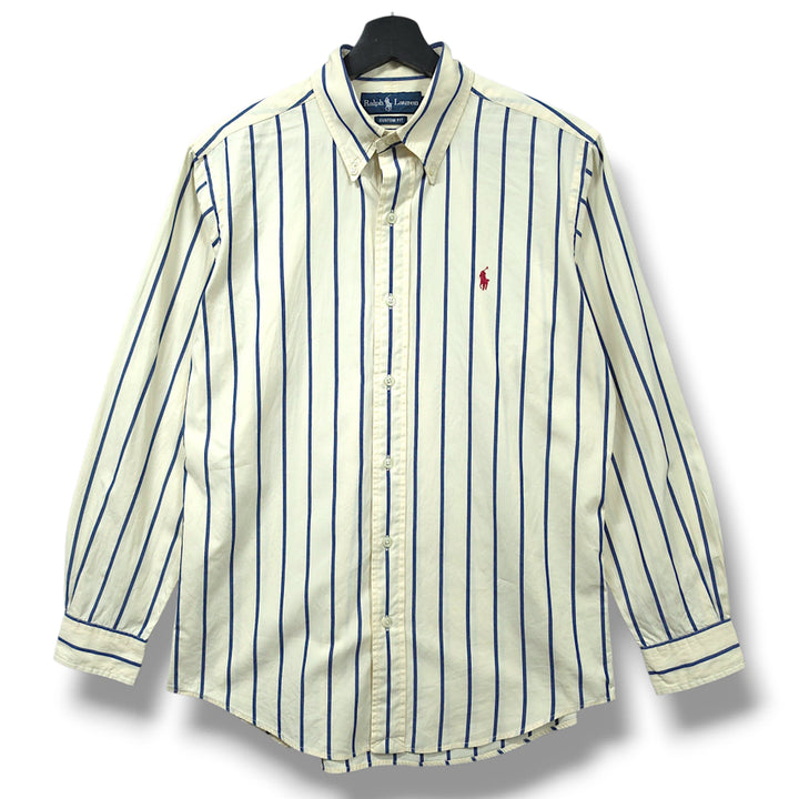 [BUNJANG] Polo Ralph Lauren Custom Fit Yellow &amp; Navy Stripe Long Sleeve Shirt - Medium / [M] 폴로 옐로우&amp;네이비 스트라이프 커스텀핏 긴팔셔츠