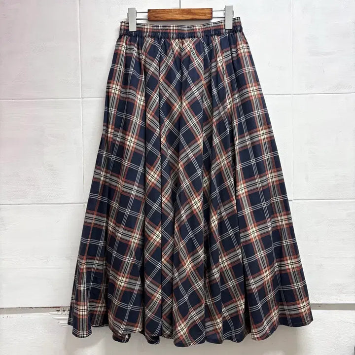 [BUNJANG] Navy Check Mori Girl Flare Long Skirt / 네이비 체크 플레어 모리걸 롱 스커트 JPN