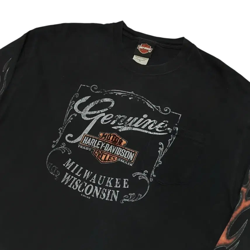 [BUNJANG] Harley-Davidson Flame Long Sleeve Pocket T-Shirt XL / 할리데이비슨 플레임 롱슬리브 포켓 티셔츠 XL (105-110)