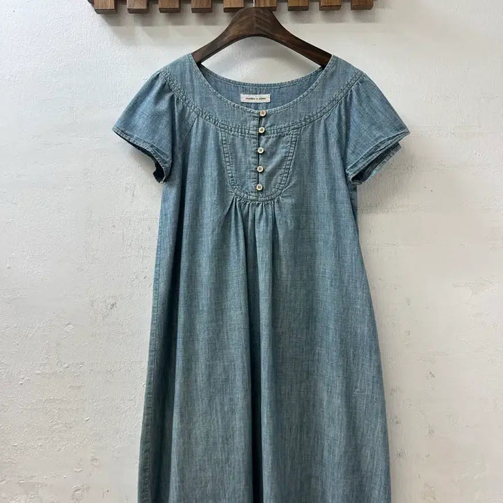 [BUNJANG] Vintage Blue Denim Cotton Half-Sleeve Blouse Dress / 일본빈티지 블루 데님 코튼100% 요크 셔링 반팔 블라우스 원피스