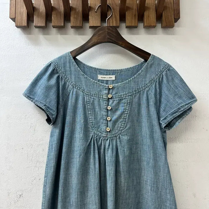 [BUNJANG] Vintage Blue Denim Cotton Half-Sleeve Blouse Dress / 일본빈티지 블루 데님 코튼100% 요크 셔링 반팔 블라우스 원피스