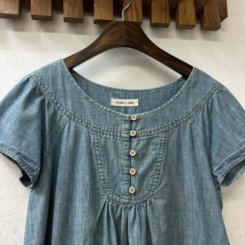 [BUNJANG] Vintage Blue Denim Cotton Half-Sleeve Blouse Dress / 일본빈티지 블루 데님 코튼100% 요크 셔링 반팔 블라우스 원피스