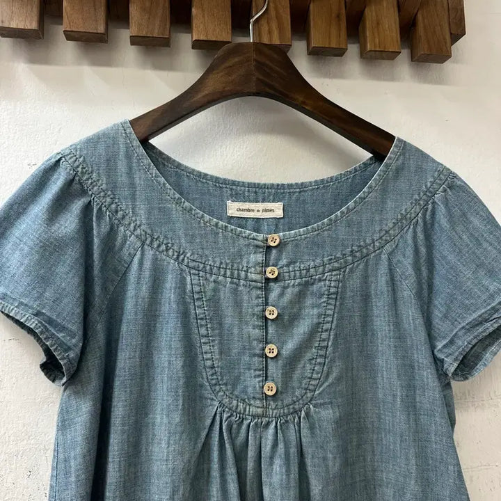 [BUNJANG] Vintage Blue Denim Cotton Half-Sleeve Blouse Dress / 일본빈티지 블루 데님 코튼100% 요크 셔링 반팔 블라우스 원피스
