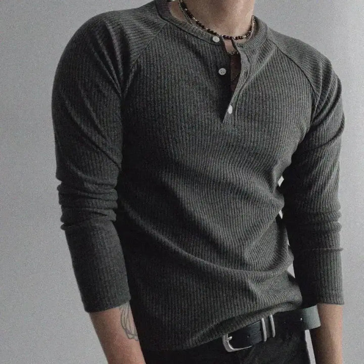 [BUNJANG] Ribbed Muscle Fit Henley Long Sleeve Shirt / 골지 머슬핏 헨리넥 긴팔