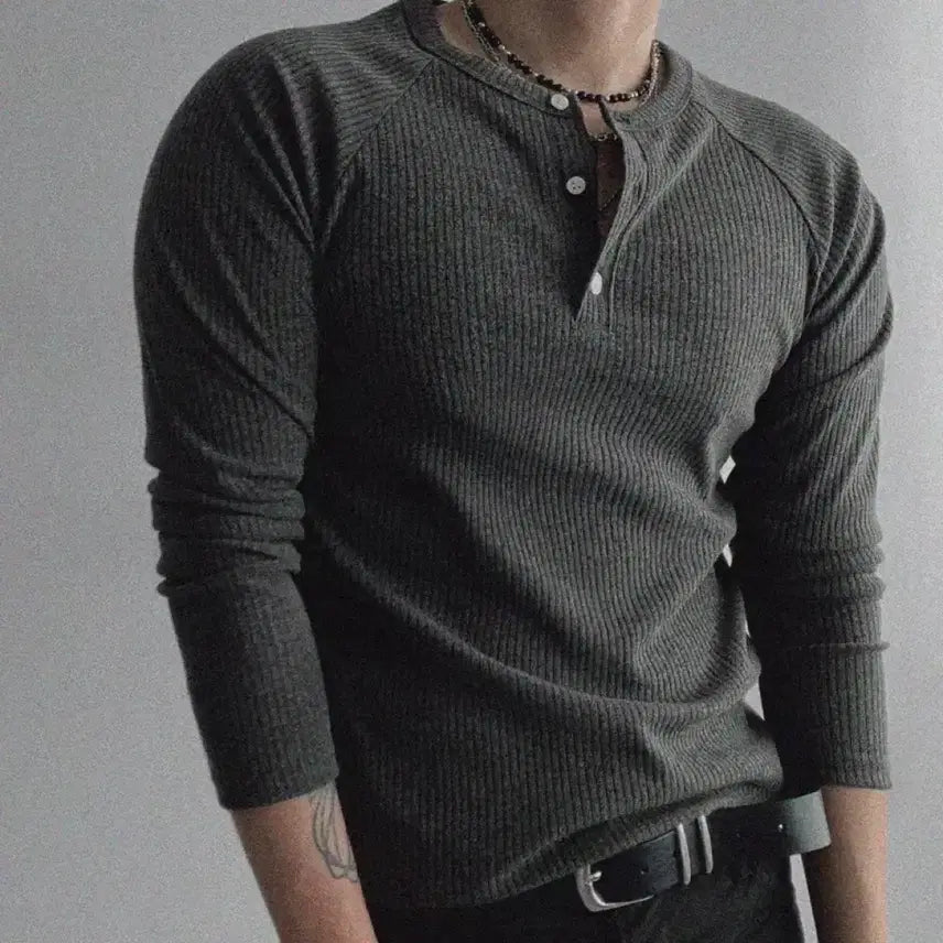 [BUNJANG] Ribbed Muscle Fit Henley Long Sleeve Shirt / 골지 머슬핏 헨리넥 긴팔