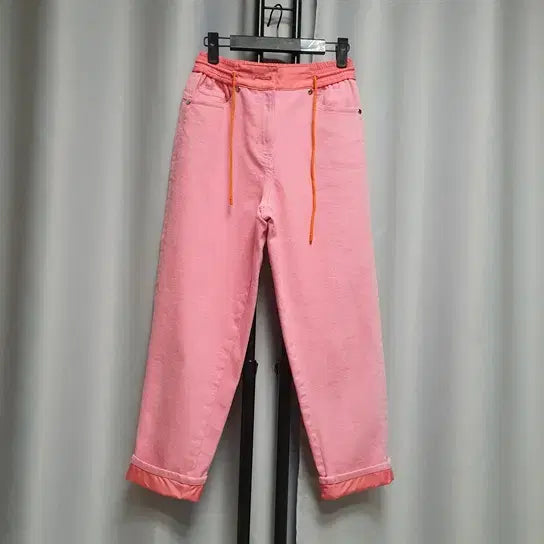 [BUNJANG] Osecon Pink Turn-up Bending Denim Pants / 오즈세컨 핑크 턴업 밴딩 데님 배색 팬츠