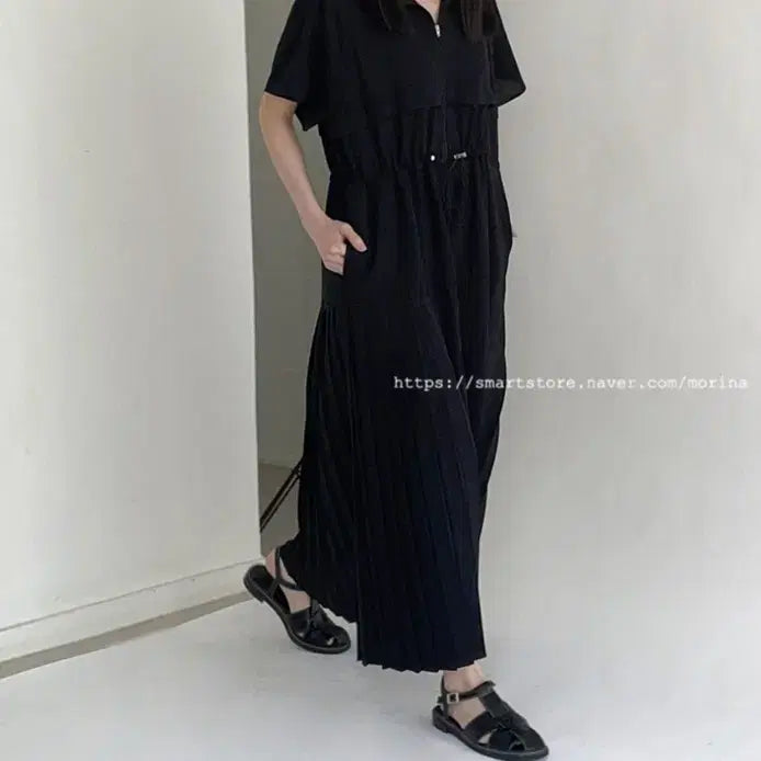 [BUNJANG] My Name Is Zip-Up Pleated Half-Sleeve Long Dress / 마이네임이즈 집업 플리츠 반팔 롱 원피스