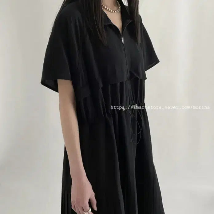 [BUNJANG] My Name Is Zip-Up Pleated Half-Sleeve Long Dress / 마이네임이즈 집업 플리츠 반팔 롱 원피스