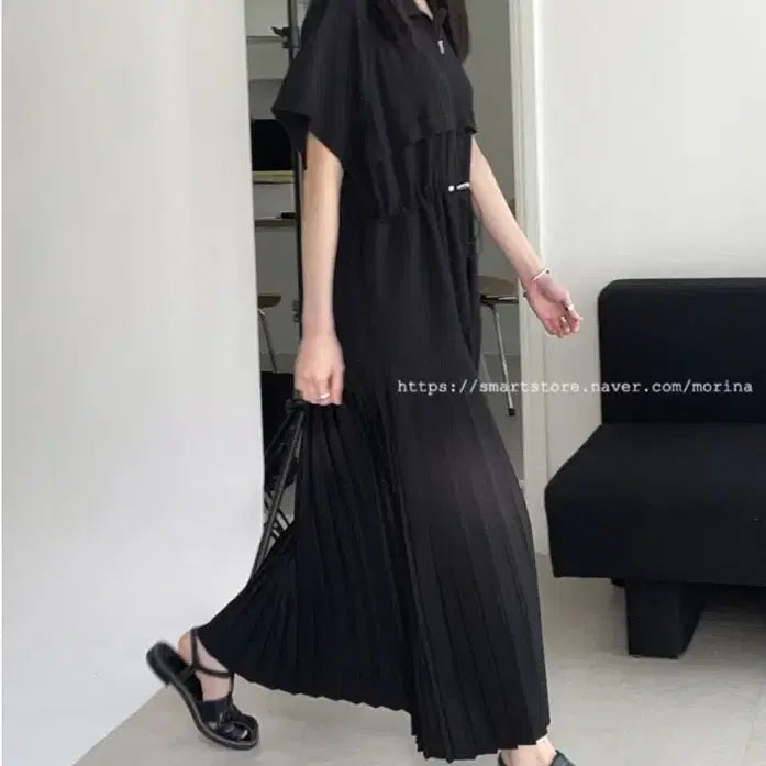 [BUNJANG] My Name Is Zip-Up Pleated Half-Sleeve Long Dress / 마이네임이즈 집업 플리츠 반팔 롱 원피스