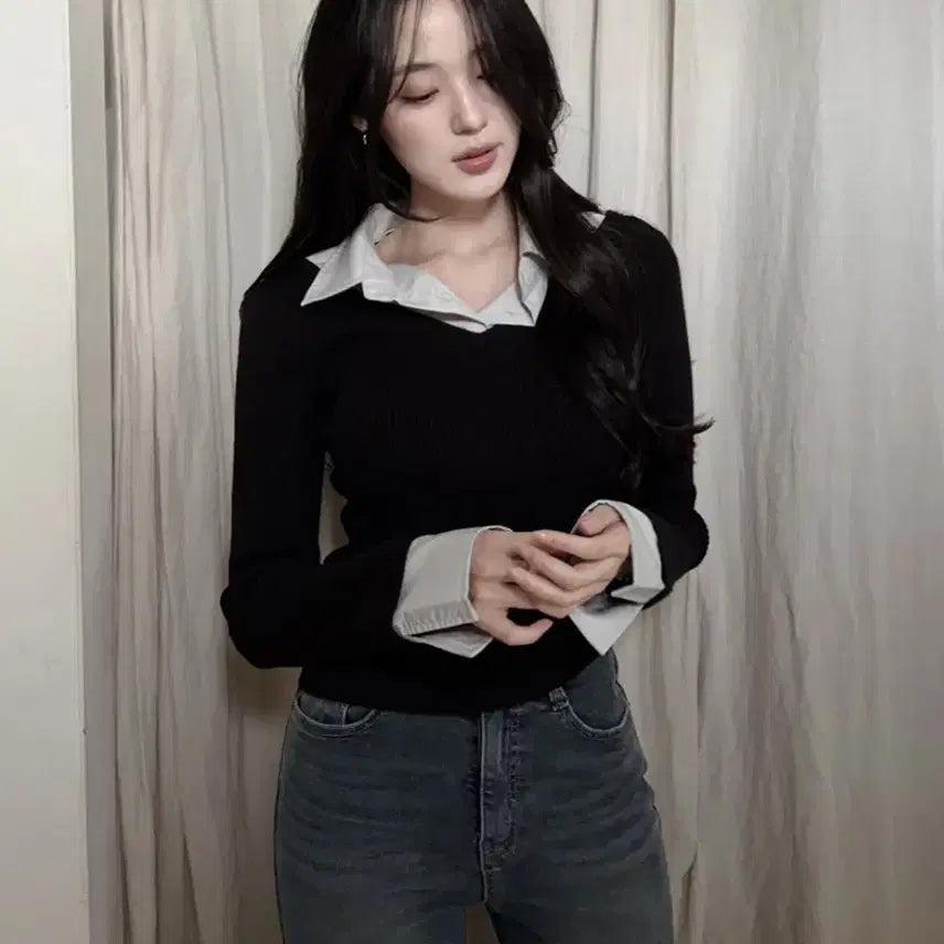 [BUNJANG] Slowand Say Shirt &amp; Layering Knit Black Long Sleeve / 슬로우앤드 세이 셔츠앤 레이어링 니트 블랙 긴팔