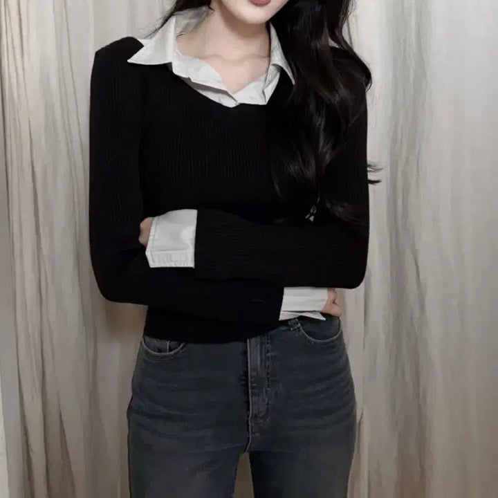 [BUNJANG] Slowand Say Shirt &amp; Layering Knit Black Long Sleeve / 슬로우앤드 세이 셔츠앤 레이어링 니트 블랙 긴팔