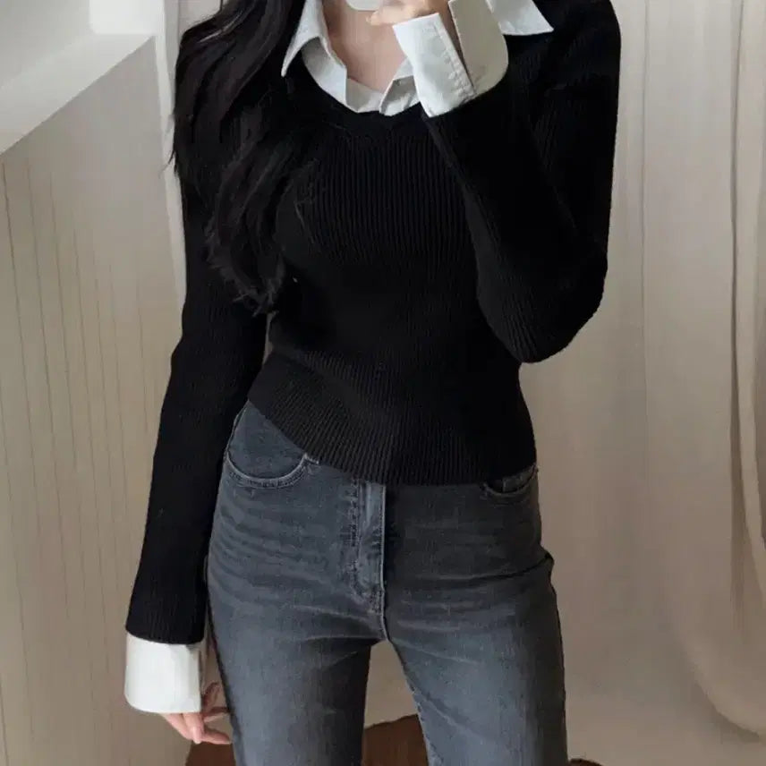 [BUNJANG] Slowand Say Shirt &amp; Layering Knit Black Long Sleeve / 슬로우앤드 세이 셔츠앤 레이어링 니트 블랙 긴팔
