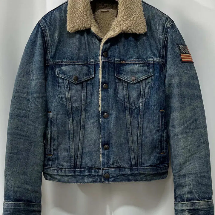 [BUNJANG] Polo Ralph Lauren Sherpa Lined Flag Denim Trucker Jacket / 폴로 랄프로렌 시어링 쉐르파 플래그 데님 트러커 자켓