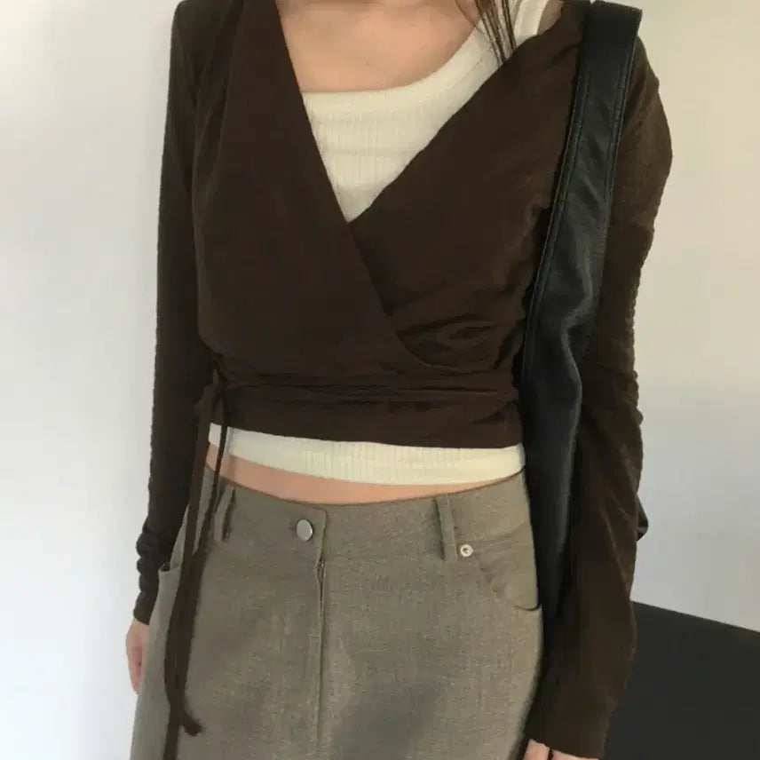 [BUNJANG] Mienne Hooded Wrap Crop Cardigan Brown / 미엔느 후드 랩 크롭 가디건 브라운