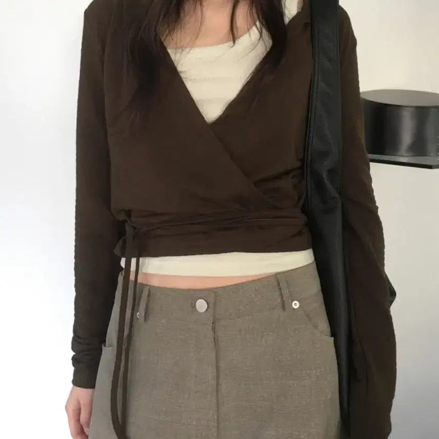 [BUNJANG] Mienne Hooded Wrap Crop Cardigan Brown / 미엔느 후드 랩 크롭 가디건 브라운