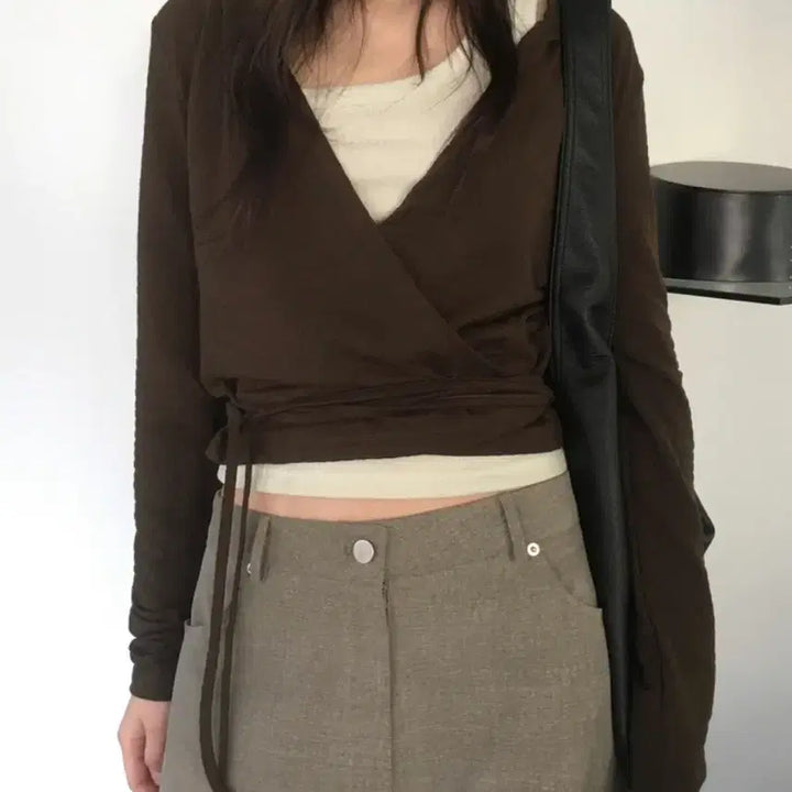 [BUNJANG] Mienne Hooded Wrap Crop Cardigan Brown / 미엔느 후드 랩 크롭 가디건 브라운