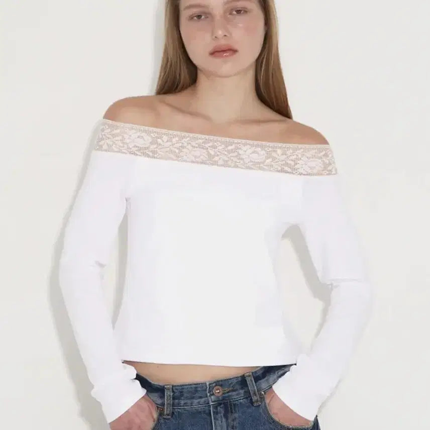 [BUNJANG] Polis M Lace Off-Shoulder Jersey Top White / 폴리수엠 레이스 오프숄더 저지 탑 화이트 새상품
