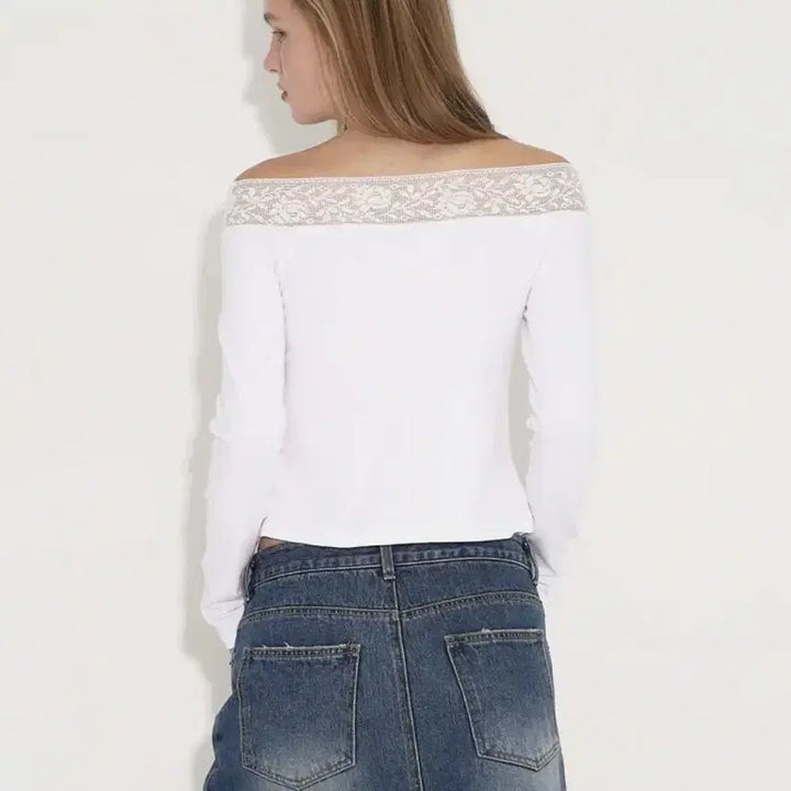 [BUNJANG] Polis M Lace Off-Shoulder Jersey Top White / 폴리수엠 레이스 오프숄더 저지 탑 화이트 새상품