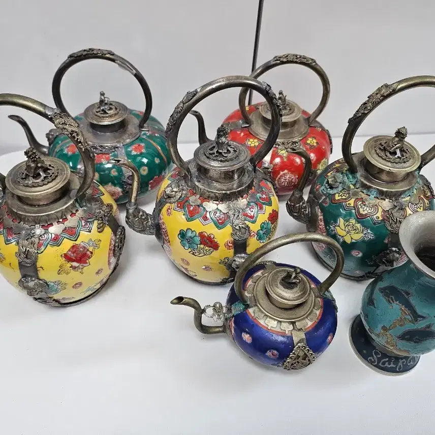 [BUNJANG] Vintage Enamel Enameled Teapot Set (7 pieces) / 빈티지 채색 범랑골동품 주전자 7개