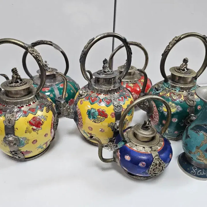 [BUNJANG] Vintage Enamel Enameled Teapot Set (7 pieces) / 빈티지 채색 범랑골동품 주전자 7개