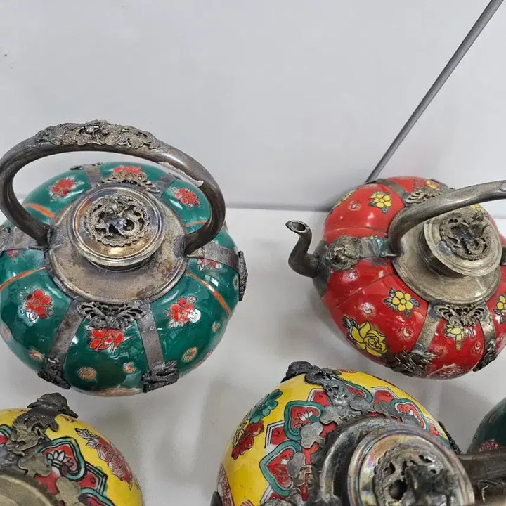 [BUNJANG] Vintage Enamel Enameled Teapot Set (7 pieces) / 빈티지 채색 범랑골동품 주전자 7개