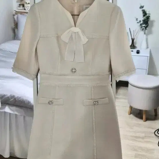 [BUNJANG] Lenibon Ivory Ribbon Tweed Short-Sleeve Dress / 레니본 아이보리 리본 트위드 반팔 원피스