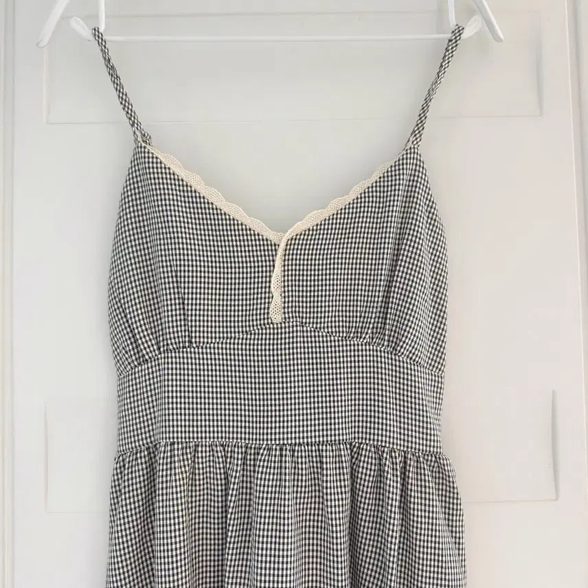 [BUNJANG] Gingham Check Lace Long Dress / 깅엄체크 레이스 롱 원피스