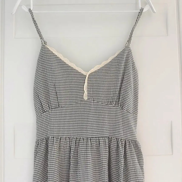[BUNJANG] Gingham Check Lace Long Dress / 깅엄체크 레이스 롱 원피스