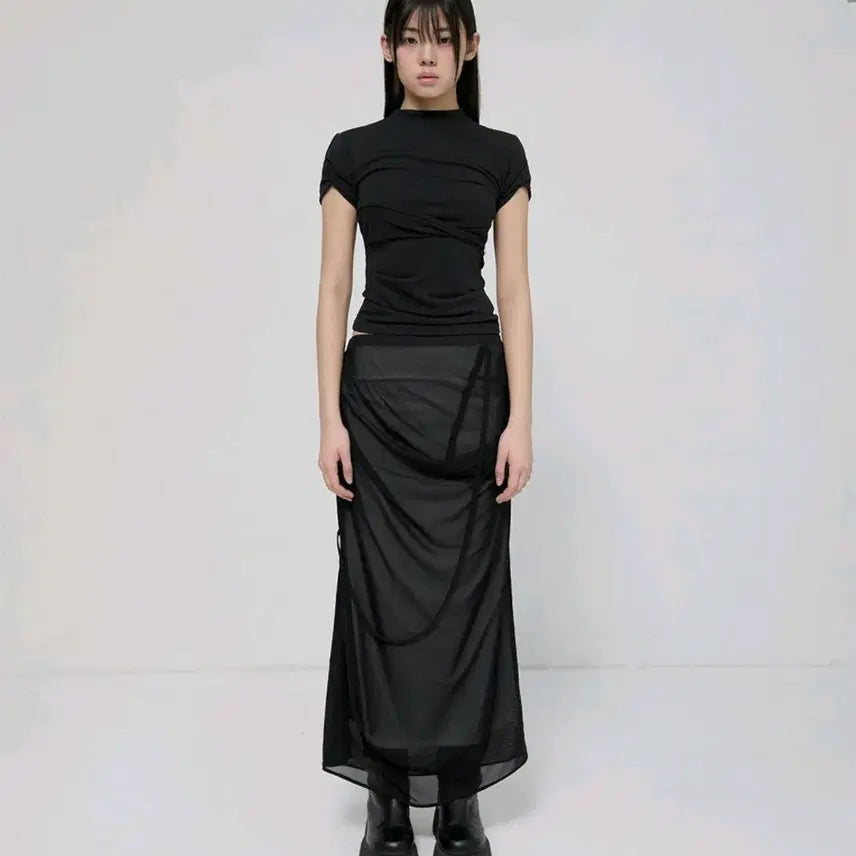 [BUNJANG] Flare Up Draped Mesh Layered Long Skirt Black / 플레어업 드레이프 메쉬 레이어드 롱스커트 블랙