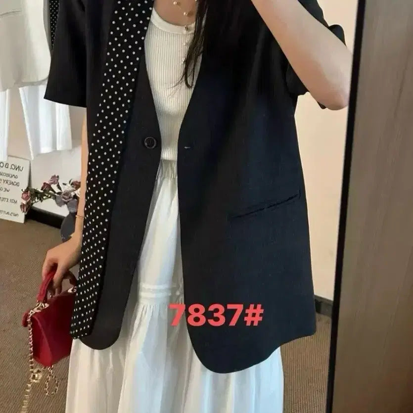 [BUNJANG] Linen Blend Short-Sleeve Collarless Jacket / 린넨 자켓