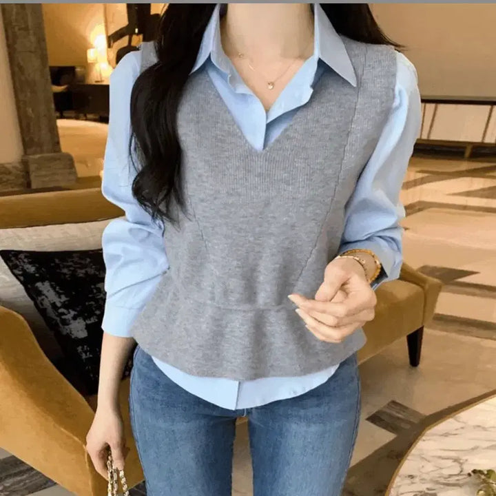 [BUNJANG] Sora Shirt &amp; Gray Vest Set / 소라 셔츠&amp;그레이 조끼/FREE(44~55반)