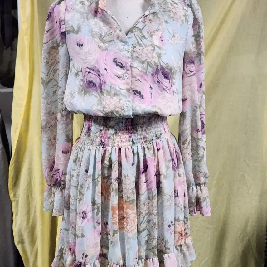 [BUNJANG] Flower Chiffon Mini Dress / 플라워 쉬폰 원피스 / 여리핏 셔링 미니 원피스 (55)