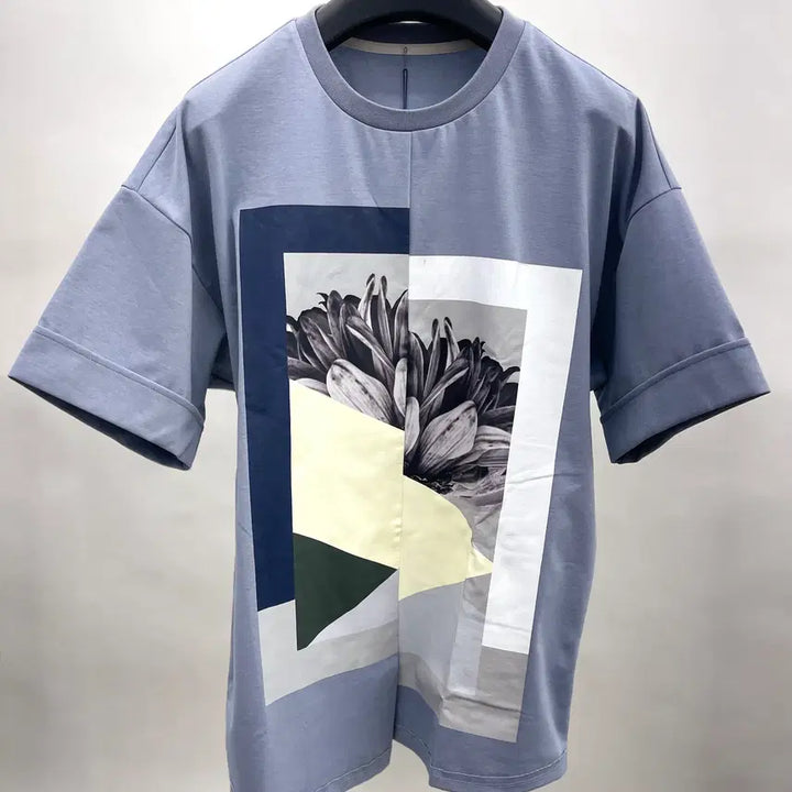 [BUNJANG] System Homme Graphic Flower Print Short Sleeve T-Shirt Blue Grey / 시스템옴므 원포인트 반팔티셔츠