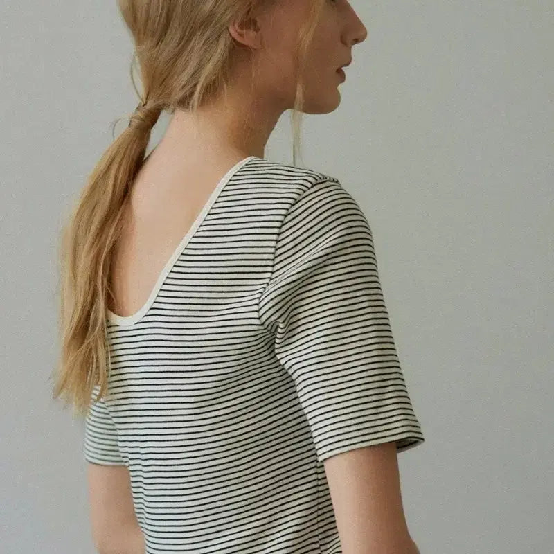 [BUNJANG] Blank03 Scoop Neck Ribbed T-Shirt / (스트라이프) 블랭크공삼 스쿱넥 립 티셔츠