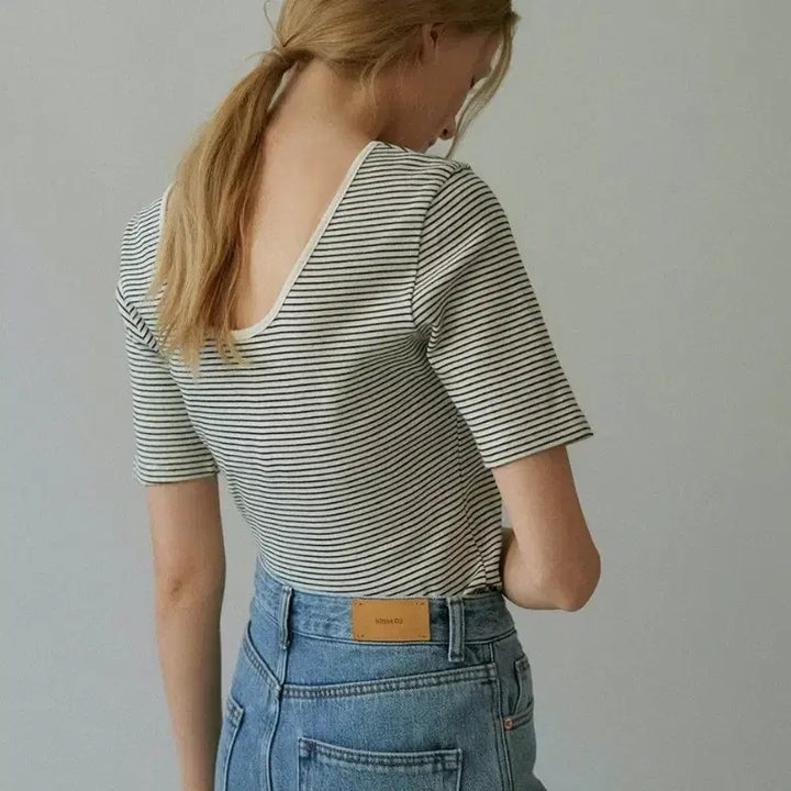 [BUNJANG] Blank03 Scoop Neck Ribbed T-Shirt / (스트라이프) 블랭크공삼 스쿱넥 립 티셔츠