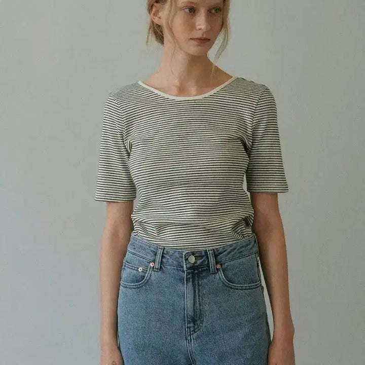 [BUNJANG] Blank03 Scoop Neck Ribbed T-Shirt / (스트라이프) 블랭크공삼 스쿱넥 립 티셔츠