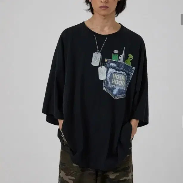[BUNJANG] Alien Pocket Oversized Short Sleeve T-Shirt Black Size 1 / 새제품 후드후드 데님 외계인 포켓 루즈핏 반팔 블랙 티셔츠 1싸이즈